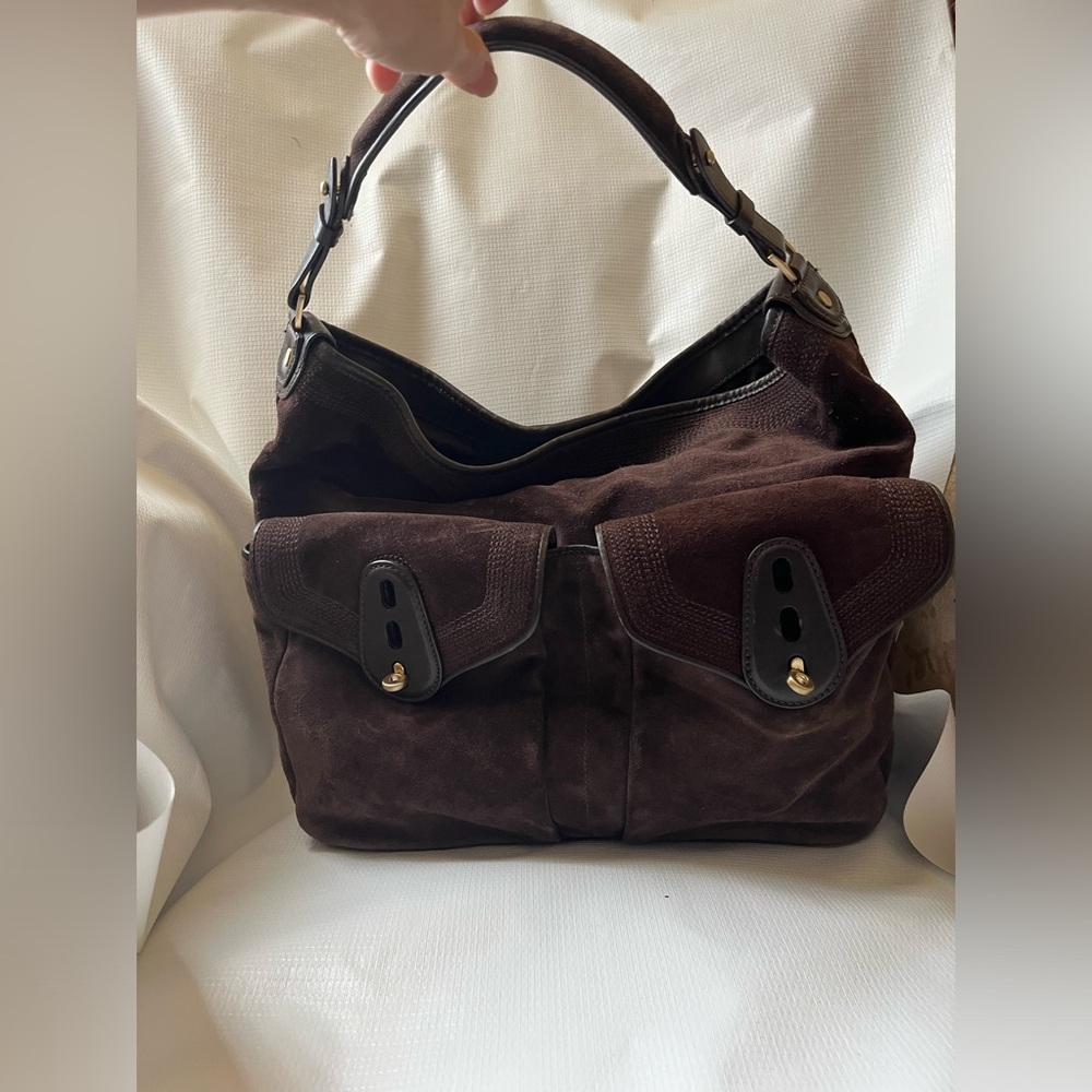 Cole Haan Newburry Street Brown Suede Handbag. 
Length 17.5 Height 12.5